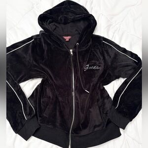 👑🖤 Guess Y2K Black Plush Velour Rhinestone Logo Zip Up Hoodie Track Jacket